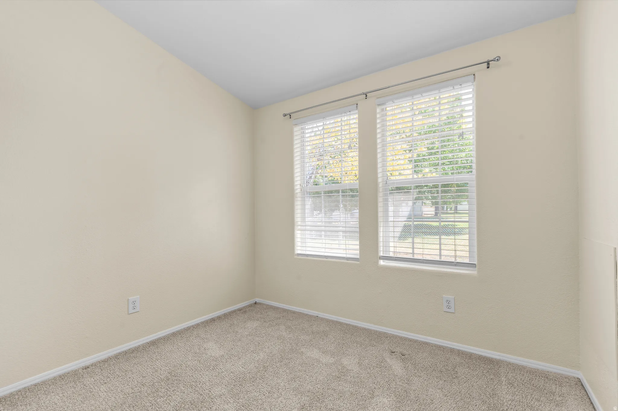 Room featuring two windows with horizontal blinds, neutral-toned walls, and wall-to-wall carpeting