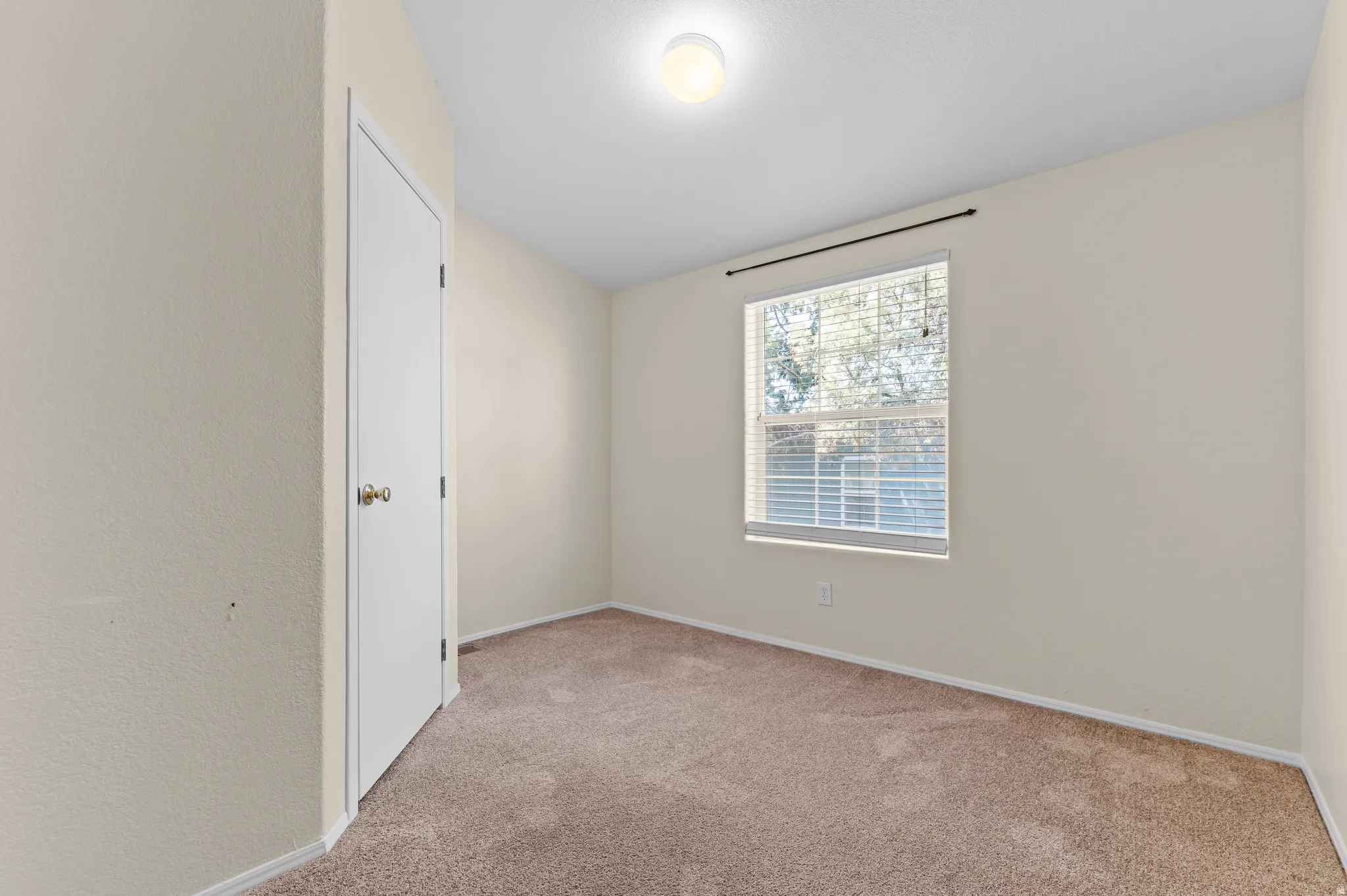 Spacious bedroom offering neutral wall finishes, carpeted flooring, and abundant natural light from a large window with blinds.