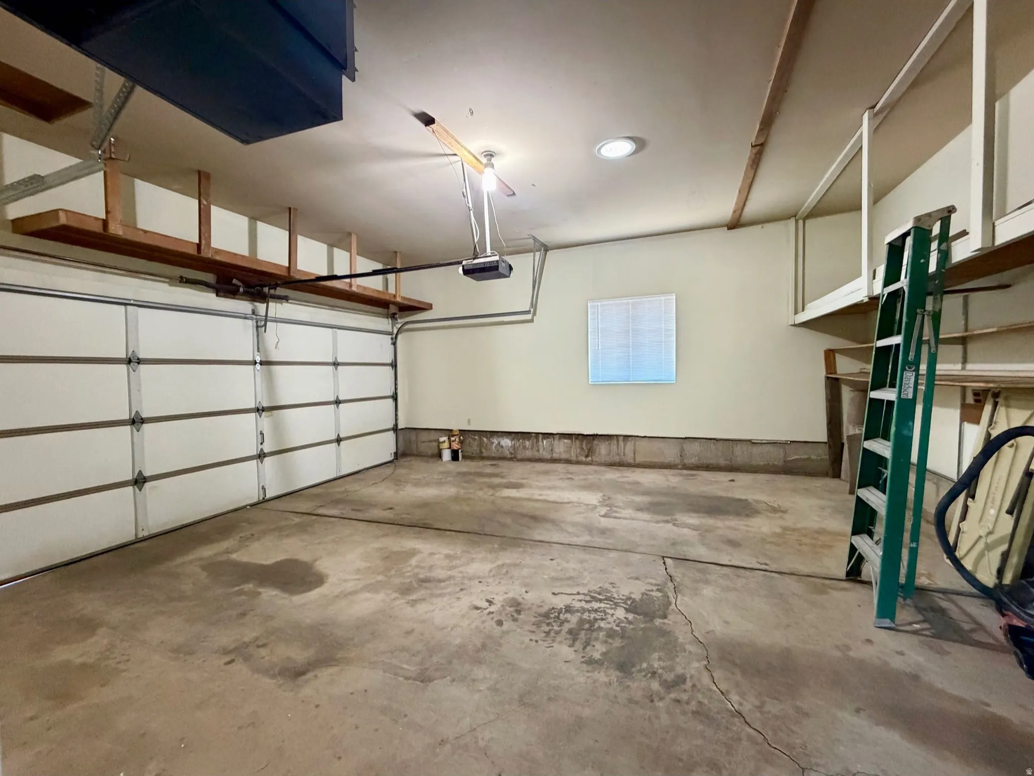 Two-car garage with shelving