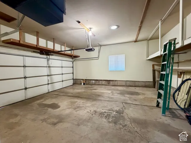 Two-car garage with shelving