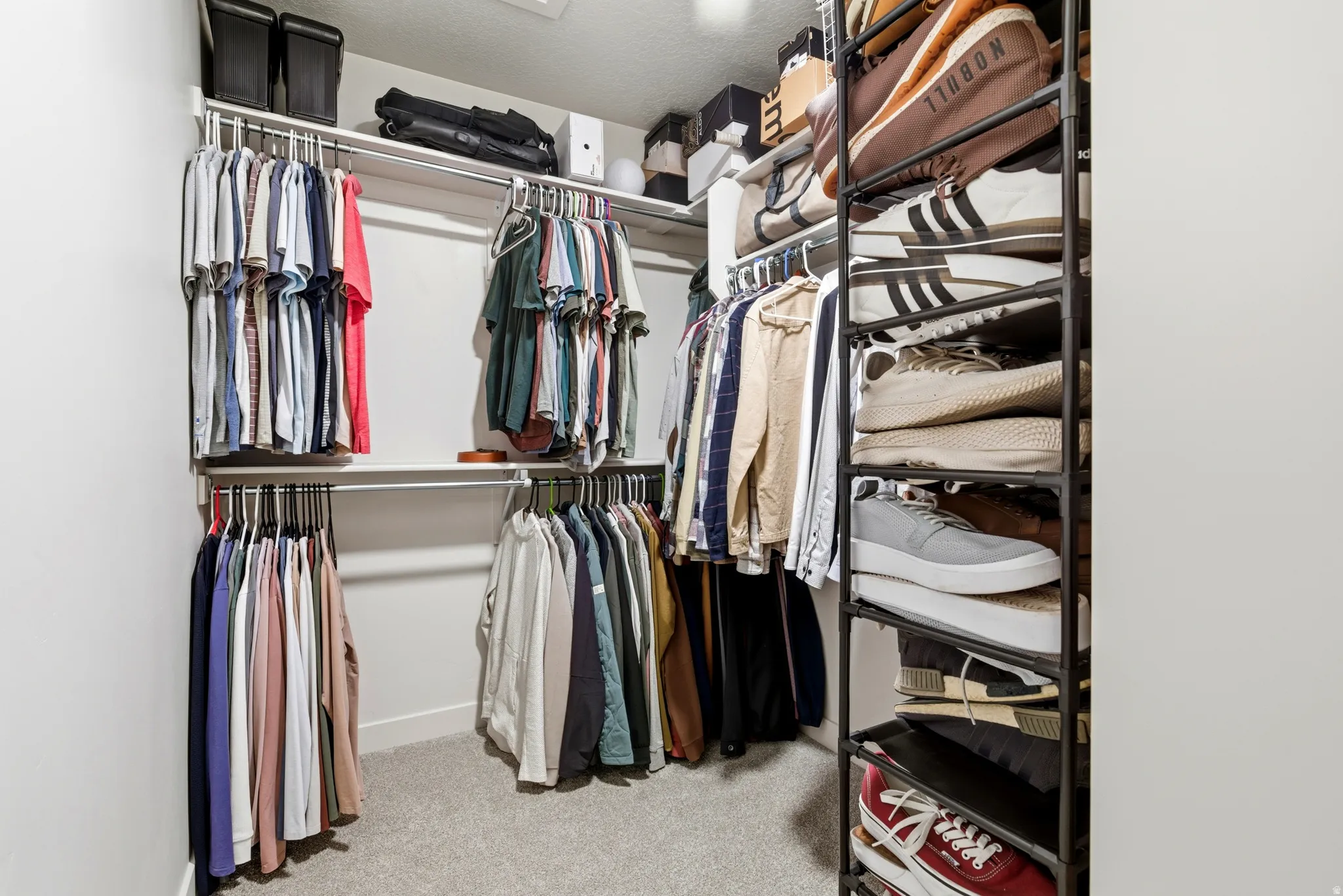 Walk-in closet featuring multiple hanging rods, integrated shelving, an accent shoe rack, and light gray carpeting