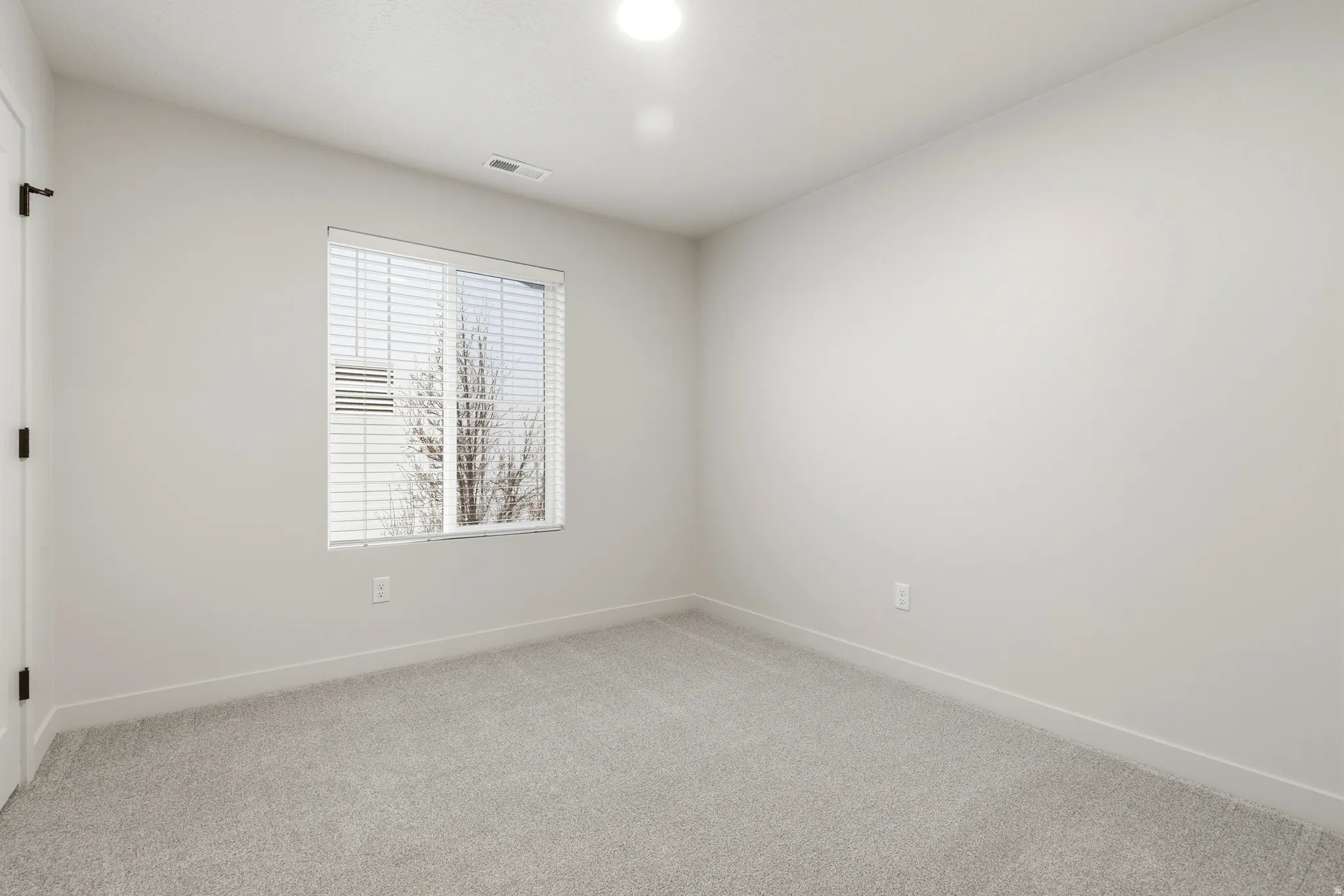 Neutral-toned room featuring a window with blinds, light gray carpet, and white baseboards