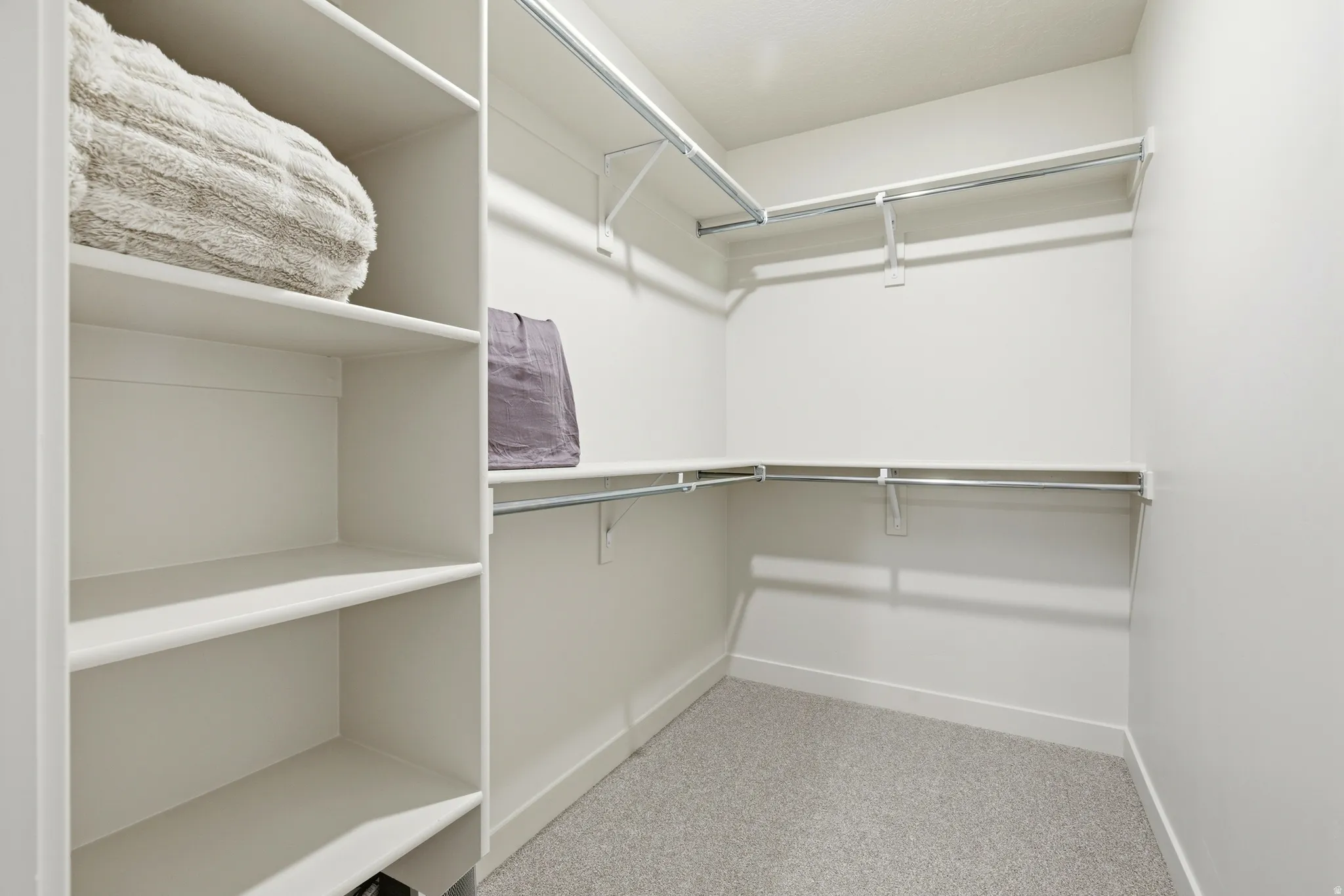 Walk-in closet featuring built-in shelving, multiple hanging rods, and light-toned carpet flooring