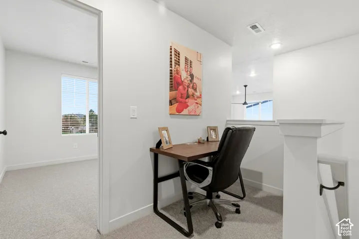 Dedicated workspace featuring light gray carpeting and bright white walls