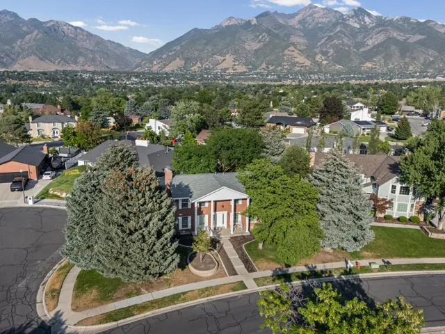 Elegant brick Colonial residence situated on a tree-lined lot with mature evergreen landscaping and circular driveway