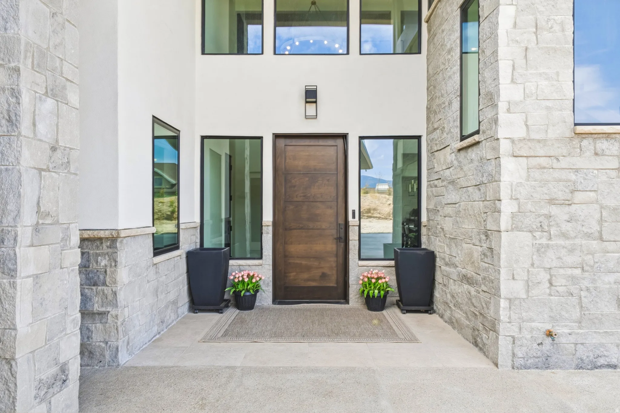 Modern exterior showcasing a rich wood-finish entry door, framed by dark-trimmed windows
