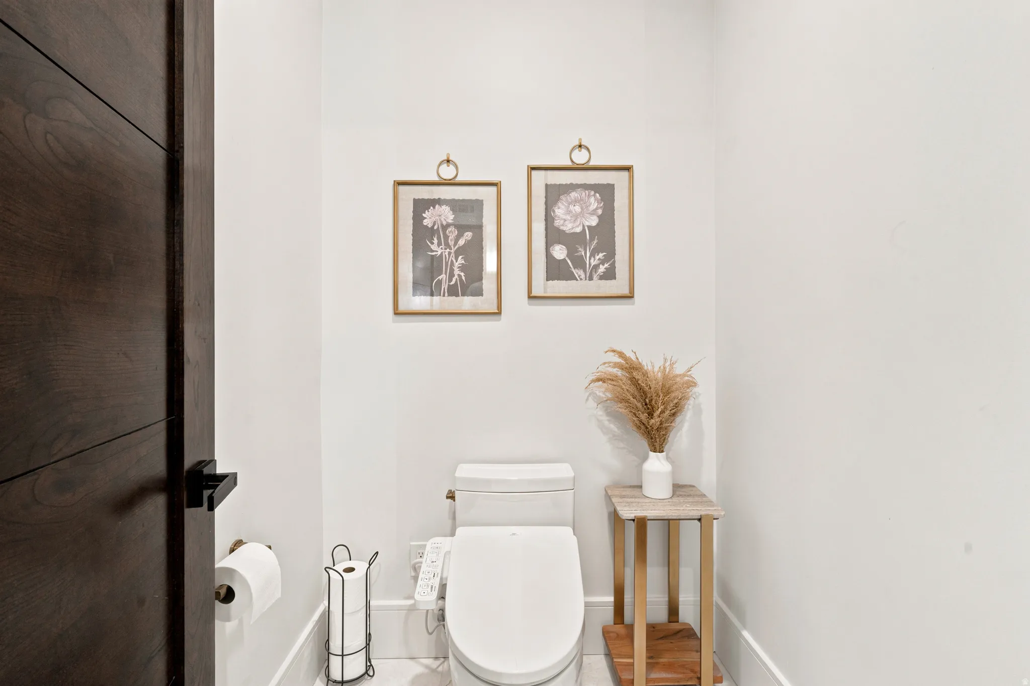 Modern dark wood door with matte black hardware, white walls, and a white toilet