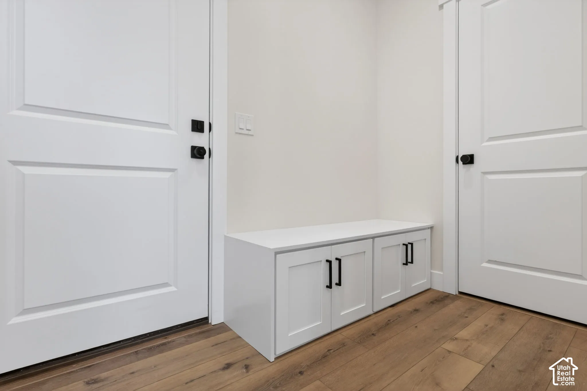 Entryway featuring built-in white cabinetry with matte black hardware, wood-finish flooring, and white paneled doors with matte black hardware