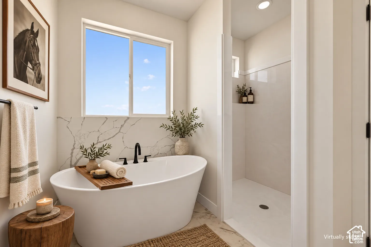 Freestanding oval soaking tub with a matte black wall-mounted faucet, complemented by a stone-look backsplash, walk-in shower with tiled surround, and recessed lighting