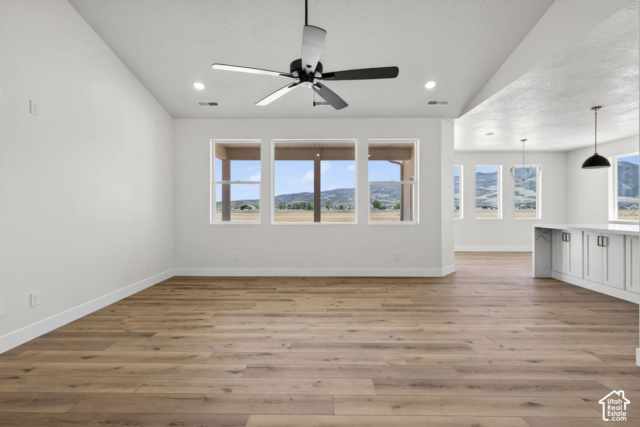 Spacious room featuring wood-finish flooring, recessed lighting, and a ceiling fan