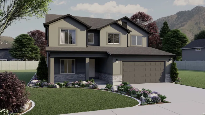 Modern two-story home featuring a striking architectural design with contrasting exterior finishes in cream and charcoal tones