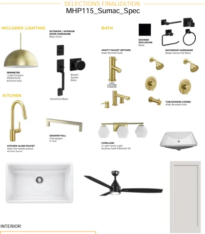 Selections Finalization. Specification sheet detailing fixture and material selections for kitchen, bath, lighting, and interior components of the property