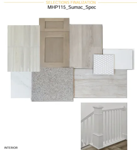 Selections Finalization. Interior design material and fixture specifications for the property, including cabinetry, flooring, countertops, wall finishes, and crib railing details