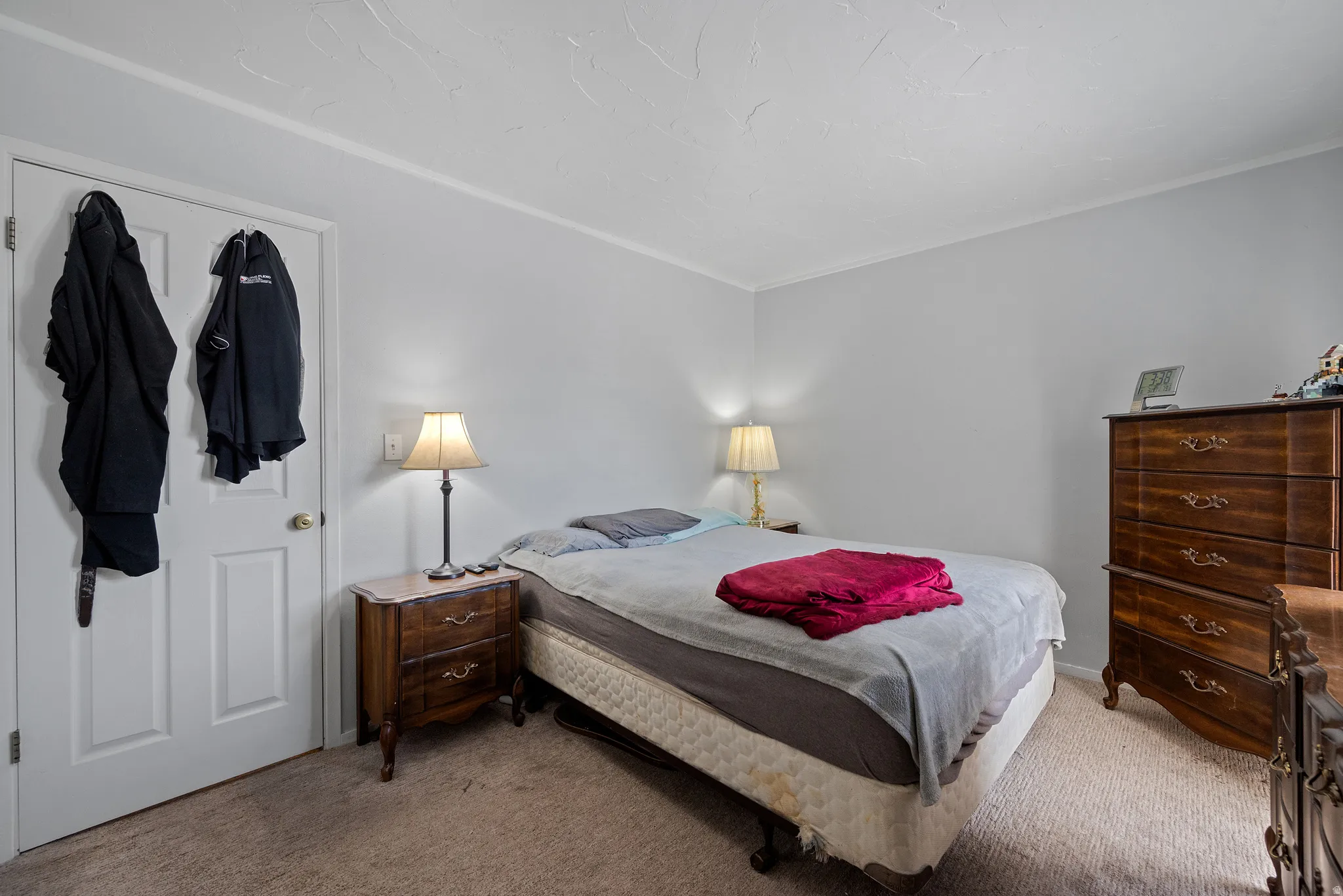 Carpeted room with light gray walls and white trim