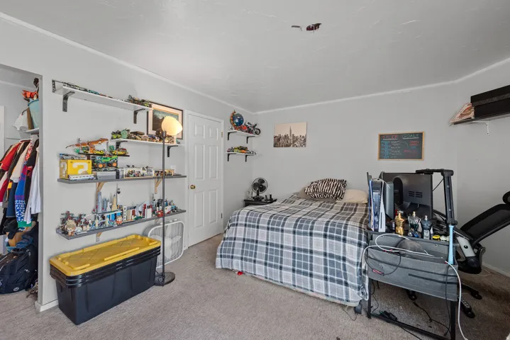 Carpeted room with light gray walls, white trim, and a white interior door