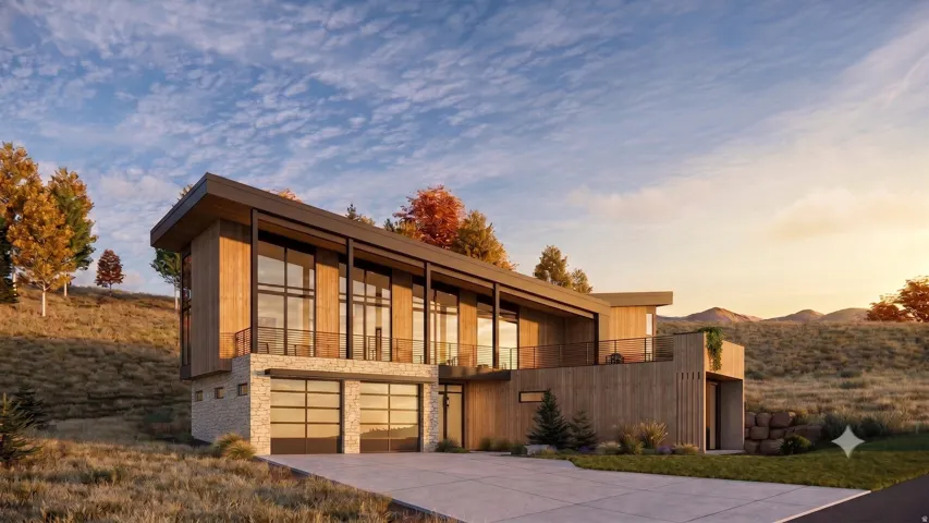 Modern architectural design with sloped roofline, wood paneling, stone accents, expansive floor-to-ceiling windows, and integrated garage doors