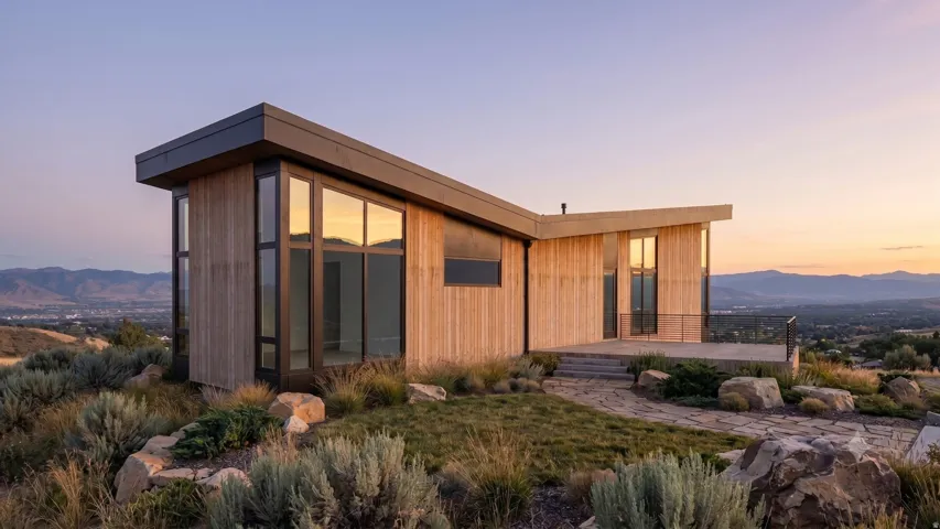 Modern architectural exterior with wood siding, flat roofline, and expansive windows