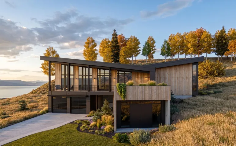 Modern architectural design featuring a sloped roofline, extensive window walls, and natural wood siding