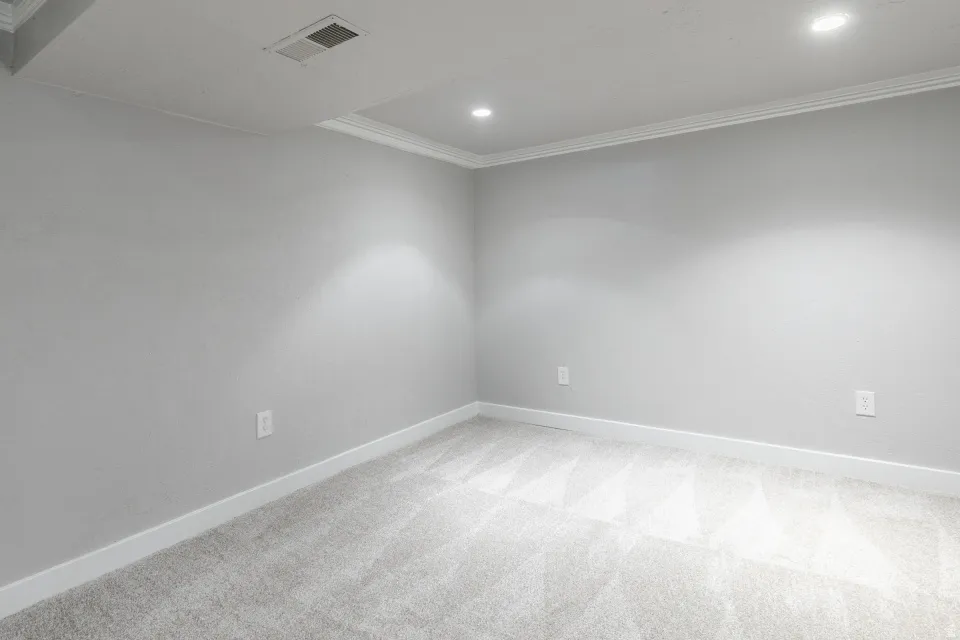 Bright, open room featuring neutral gray walls, recessed ceiling lighting, and light-toned carpet flooring