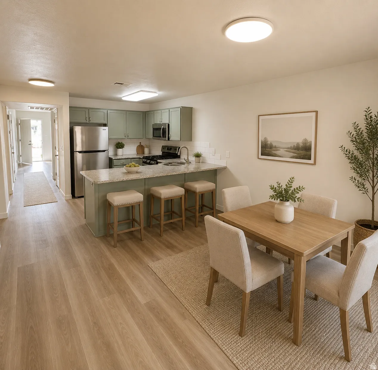 Open-concept kitchen featuring light green cabinetry, stainless steel appliances, a breakfast bar, and wood-finish flooring