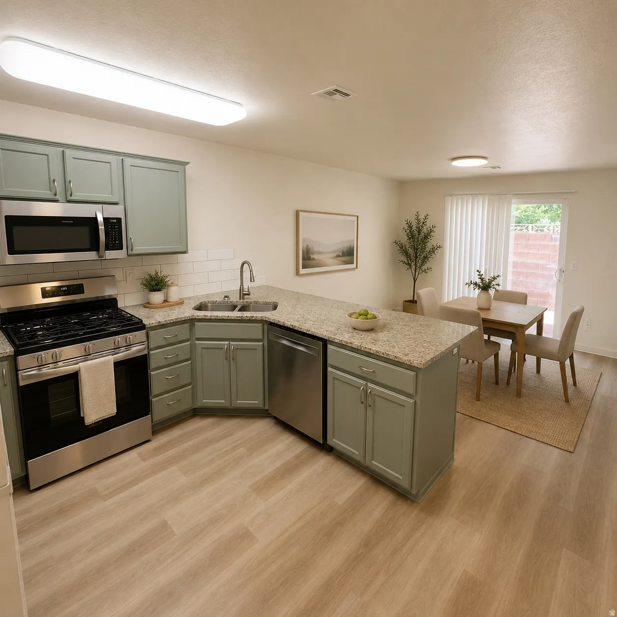 Modern kitchen featuring sage green cabinetry, granite countertops, and stainless steel appliances including a gas range and built-in microwave
