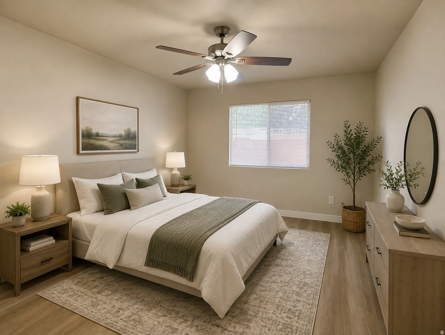 Neutral wall tones and wood-finish flooring define this bedroom space