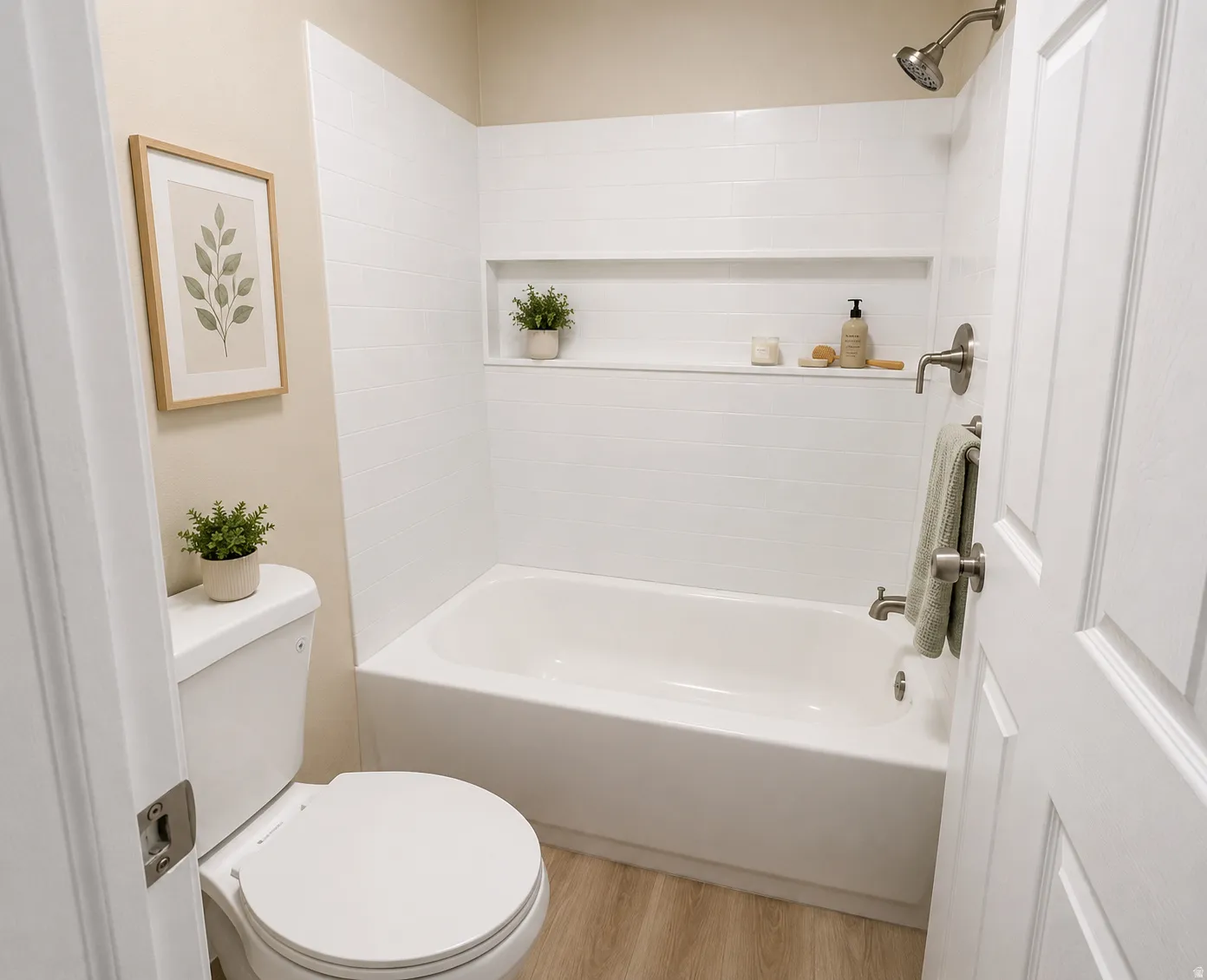 Bathroom featuring a white subway tile surround, integrated shower niche, brushed nickel plumbing fixtures, and wood-finish flooring