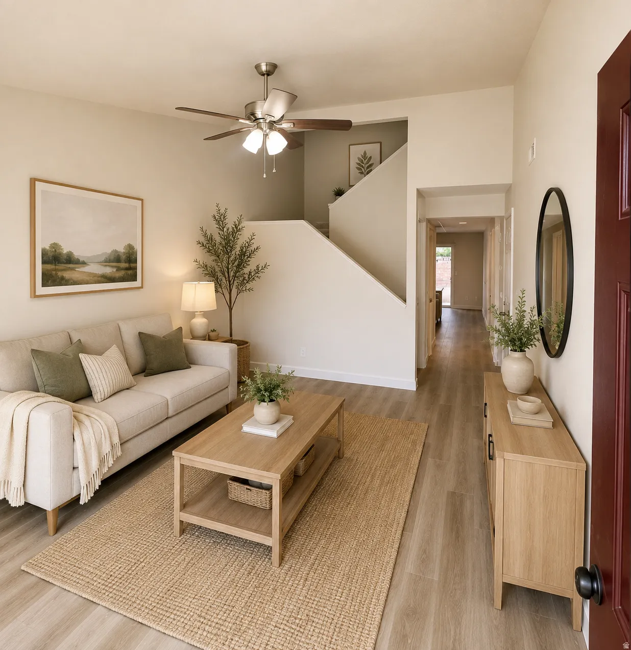 Living area featuring light wood-finish flooring, a contemporary ceiling fan with integrated lighting, and a neutral color palette
