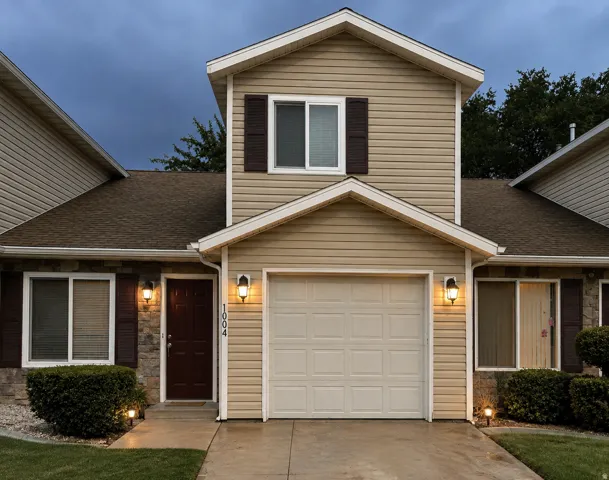 Charming two-story home featuring a clean facade with cream-colored siding and dark shutters