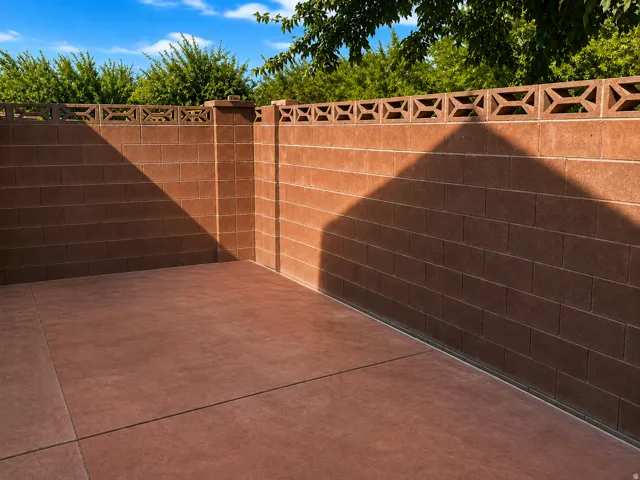 Private courtyard with substantial brick perimeter walls and decorative lattice-top fencing