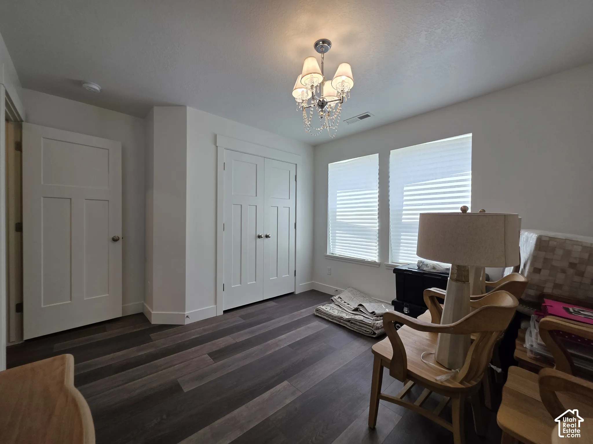 Room featuring wood-finish flooring, white trim, and two panel doors