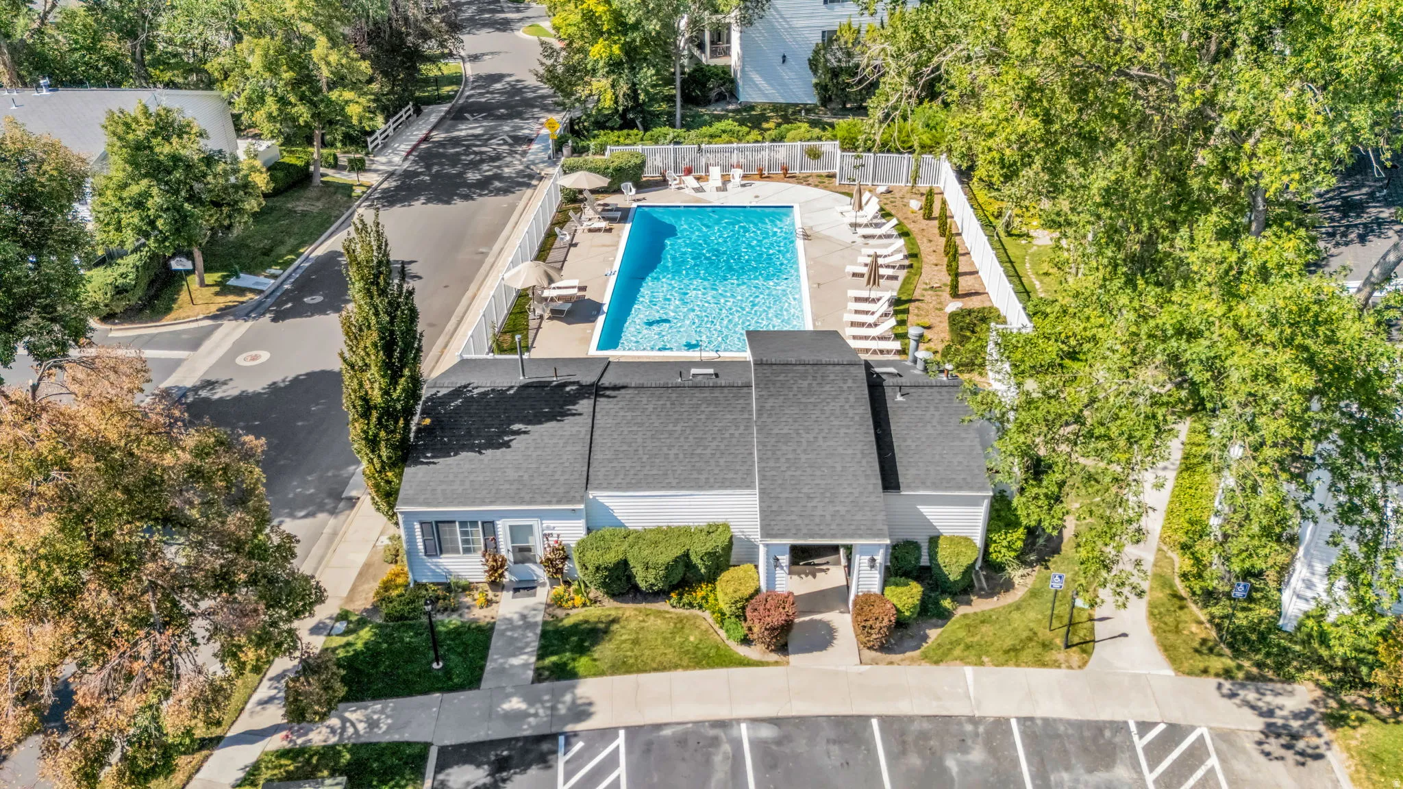 Aerial view showcasing a modern residence with a sparkling resort-style swimming pool, surrounding concrete decking with lounge seating, mature landscaping with privacy hedging, attached garage, and manicured grounds bordered by established trees