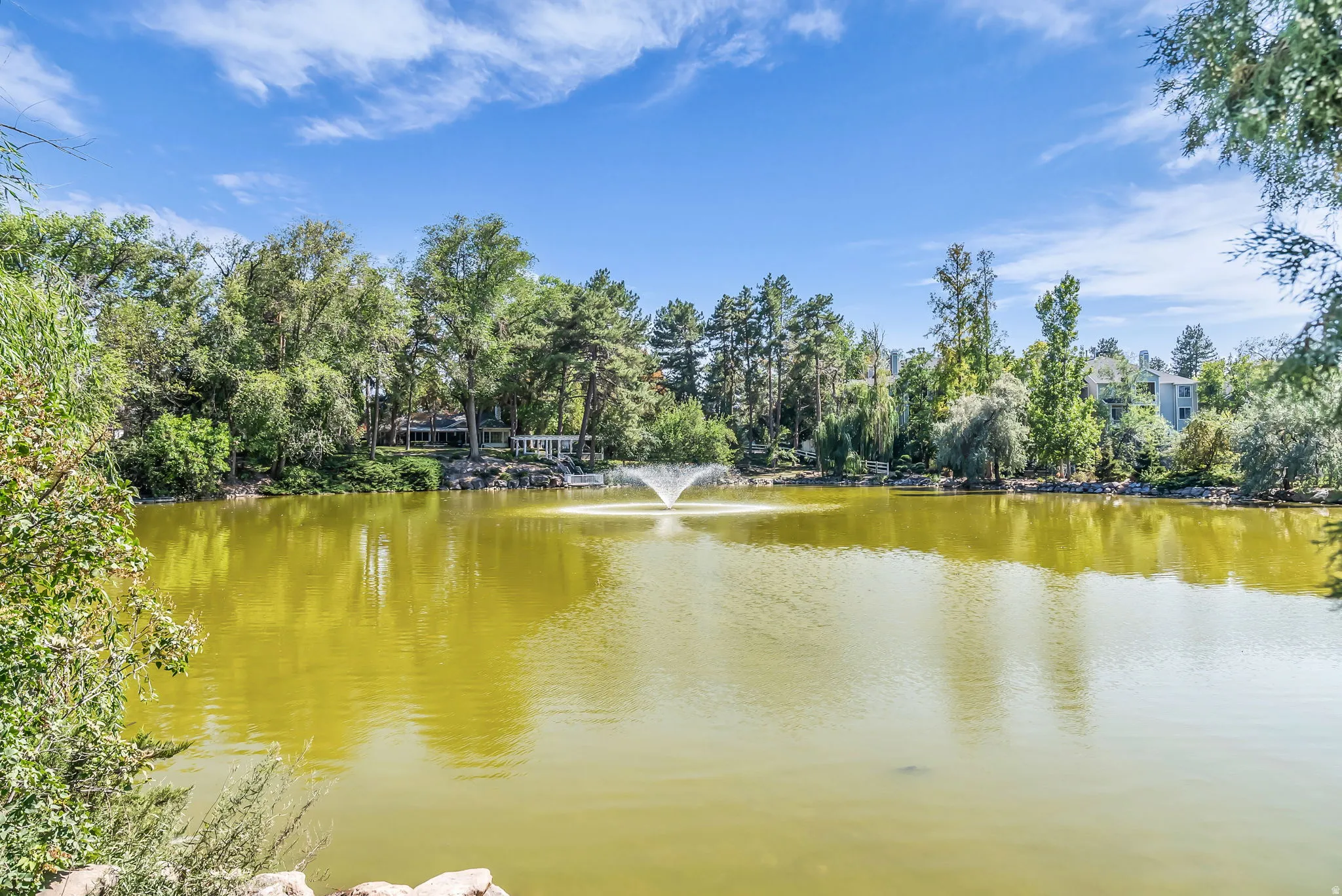 Serene waterfront setting with mature tree-lined landscape and expansive water frontage