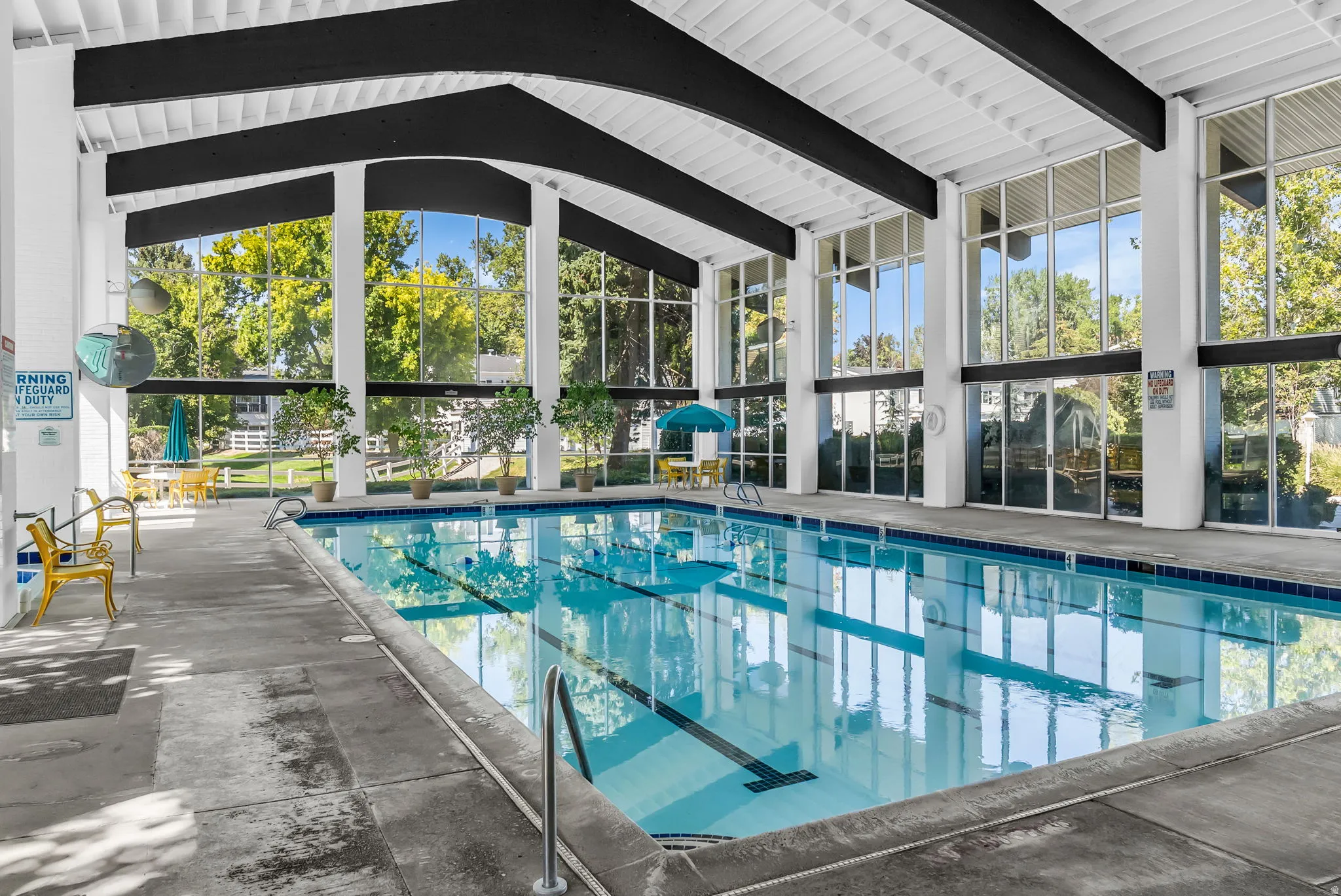Indoor swimming pool with lane markers, integrated steps, and stainless steel handrails