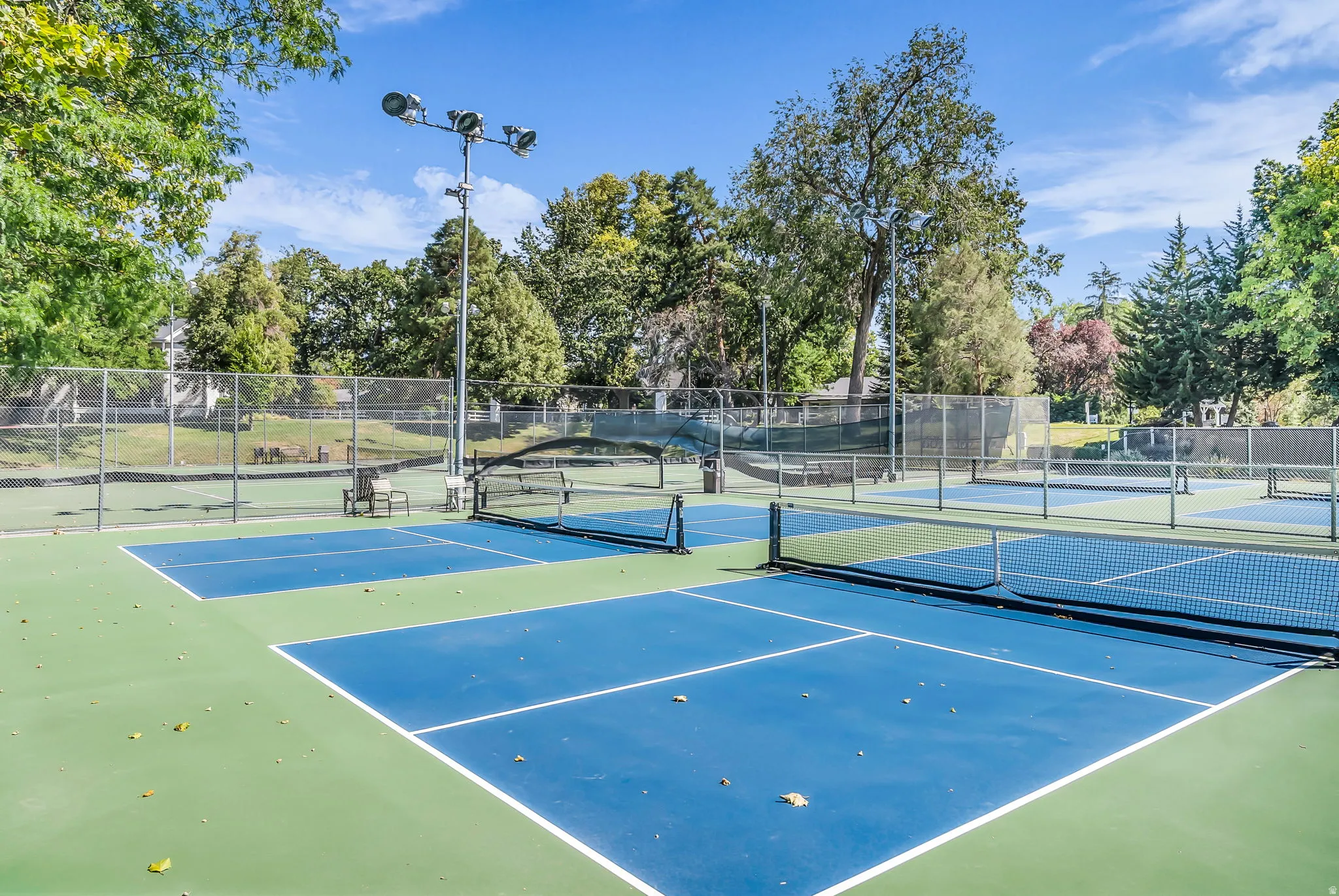 Professional-grade tennis and pickleball courts featuring premium hard court surfaces in contrasting blue and green, with regulation net systems, high-intensity LED lighting for extended play, and perimeter fencing