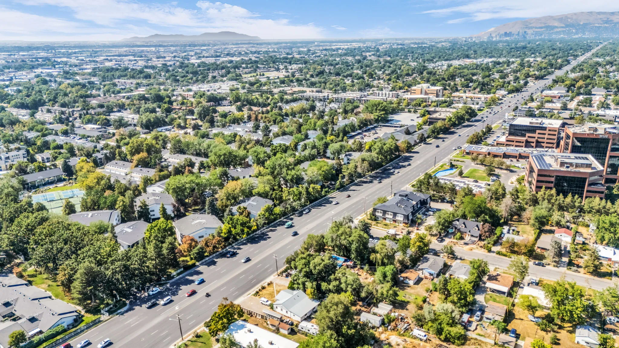 Expansive aerial perspective showcasing a verdant landscape with mature trees and a comprehensive road network