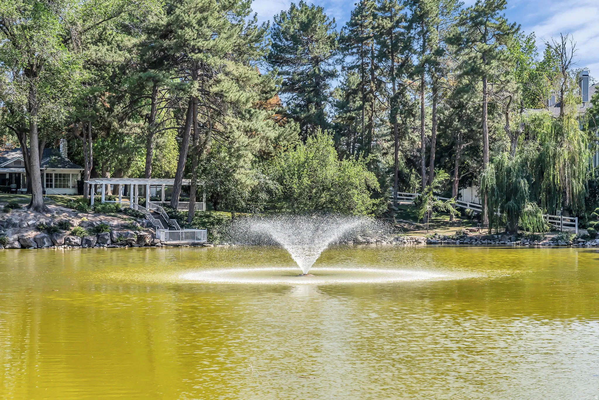 Serene lakefront setting featuring a decorative fountain centerpiece, mature tree-lined shoreline, and residential structures nestled among towering pines and verdant landscaping