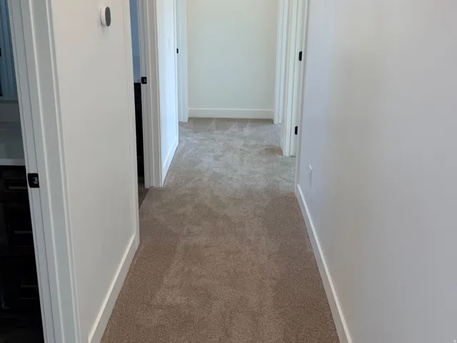 Hallway featuring recessed lighting, white walls, white trim, and neutral-toned carpet flooring