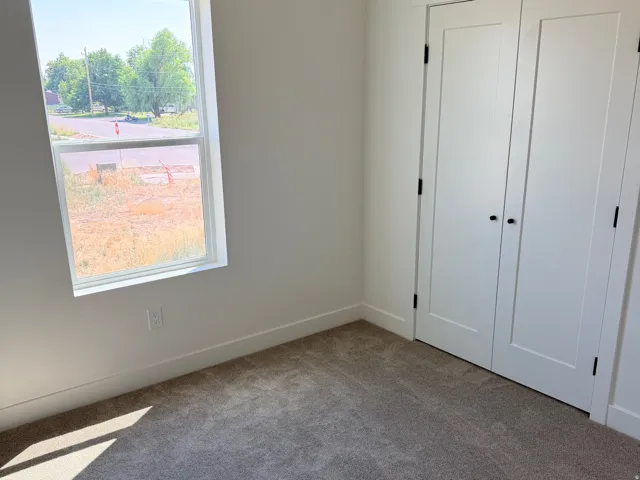 Neutral-toned walls complement the fresh, light-colored carpeting