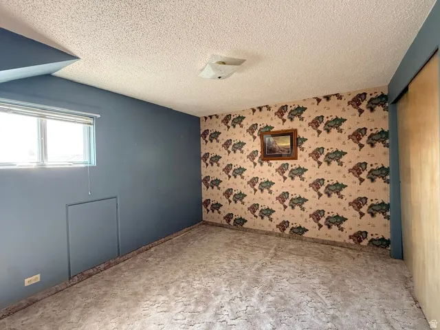 Spacious bedroom featuring neutral carpet flooring, dual-tone painted walls in slate blue and cream, patterned wallpapered accent wall, and abundant natural light from a window