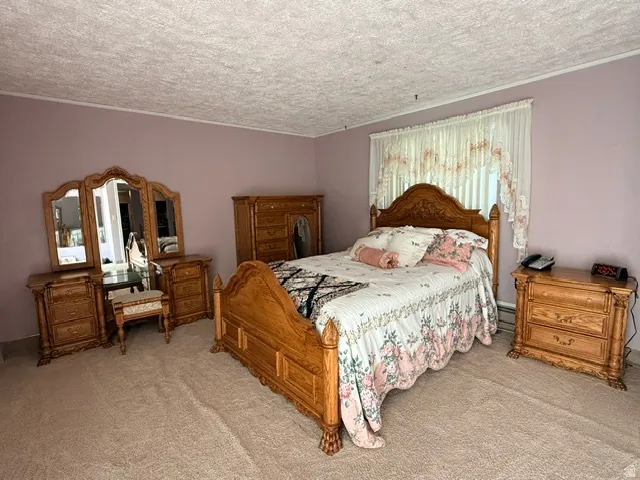 Spacious bedroom featuring classic wood furniture, plush carpeting, dual nightstands with drawers, a triple-mirror vanity with seating, and abundant natural light from large windows with vertical blinds