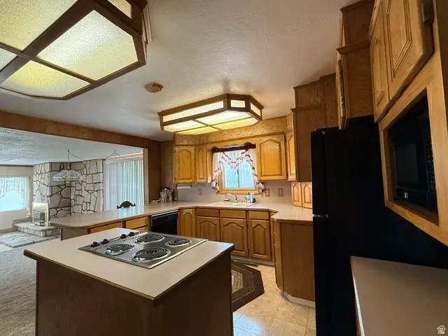 Kitchen featuring wood-finish cabinetry, built-in microwave, and a black refrigerator