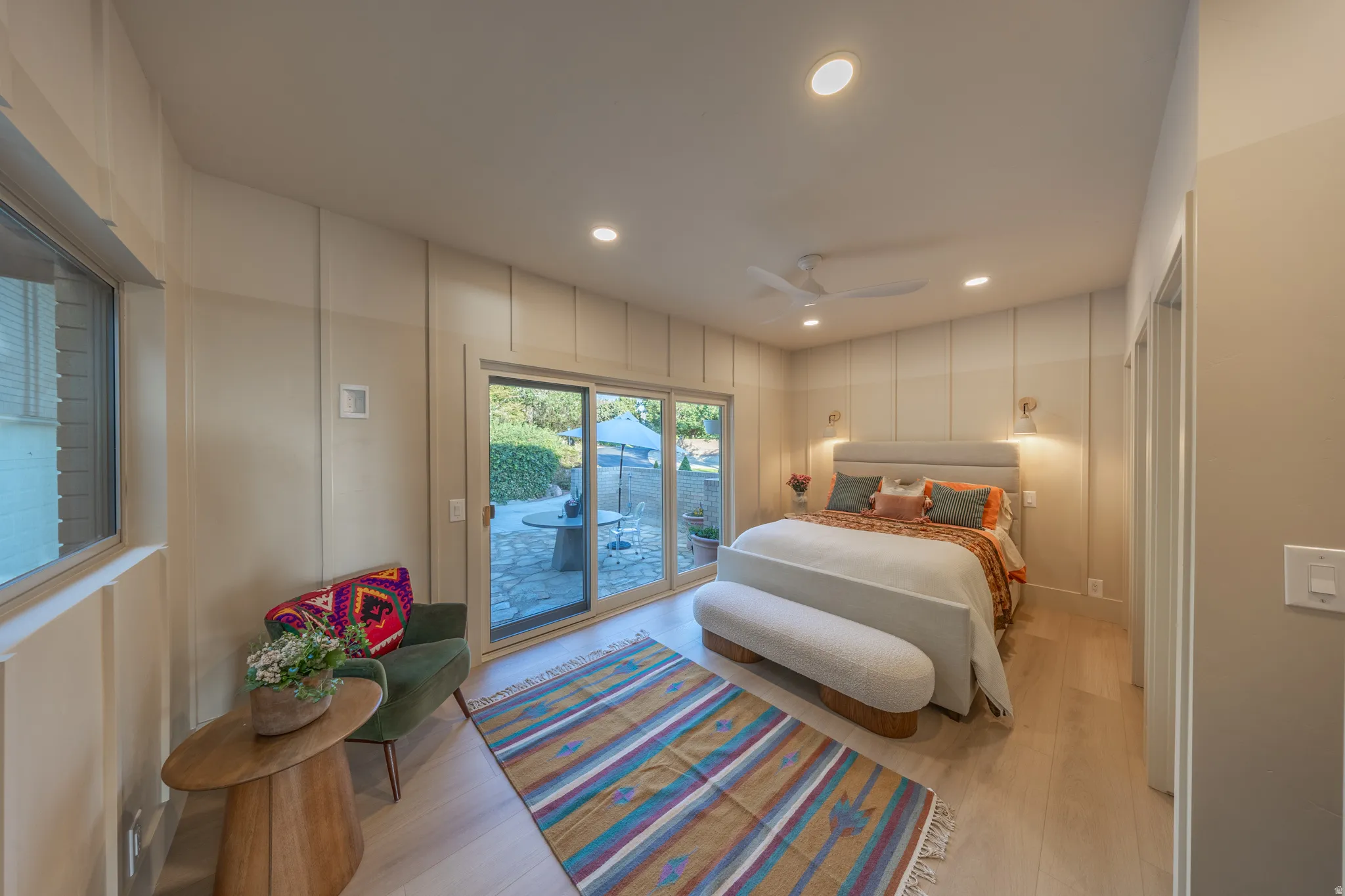 Room featuring light wood-finish flooring, recessed lighting, and a ceiling fan