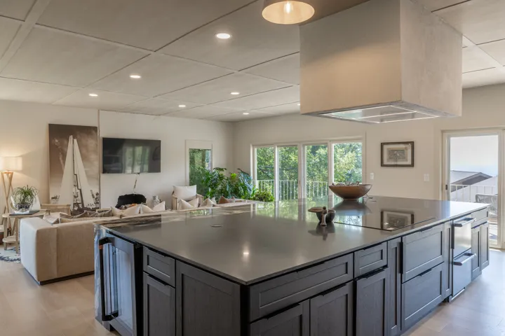 Large kitchen island with dark cabinetry and integrated appliances