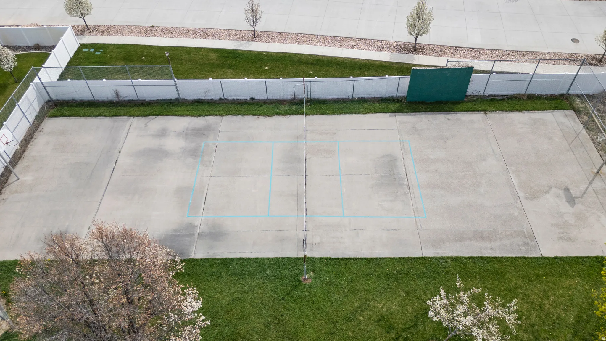 Expansive outdoor recreational space featuring a concrete court area with marked sections, bordered by manicured lawn and mature landscaping