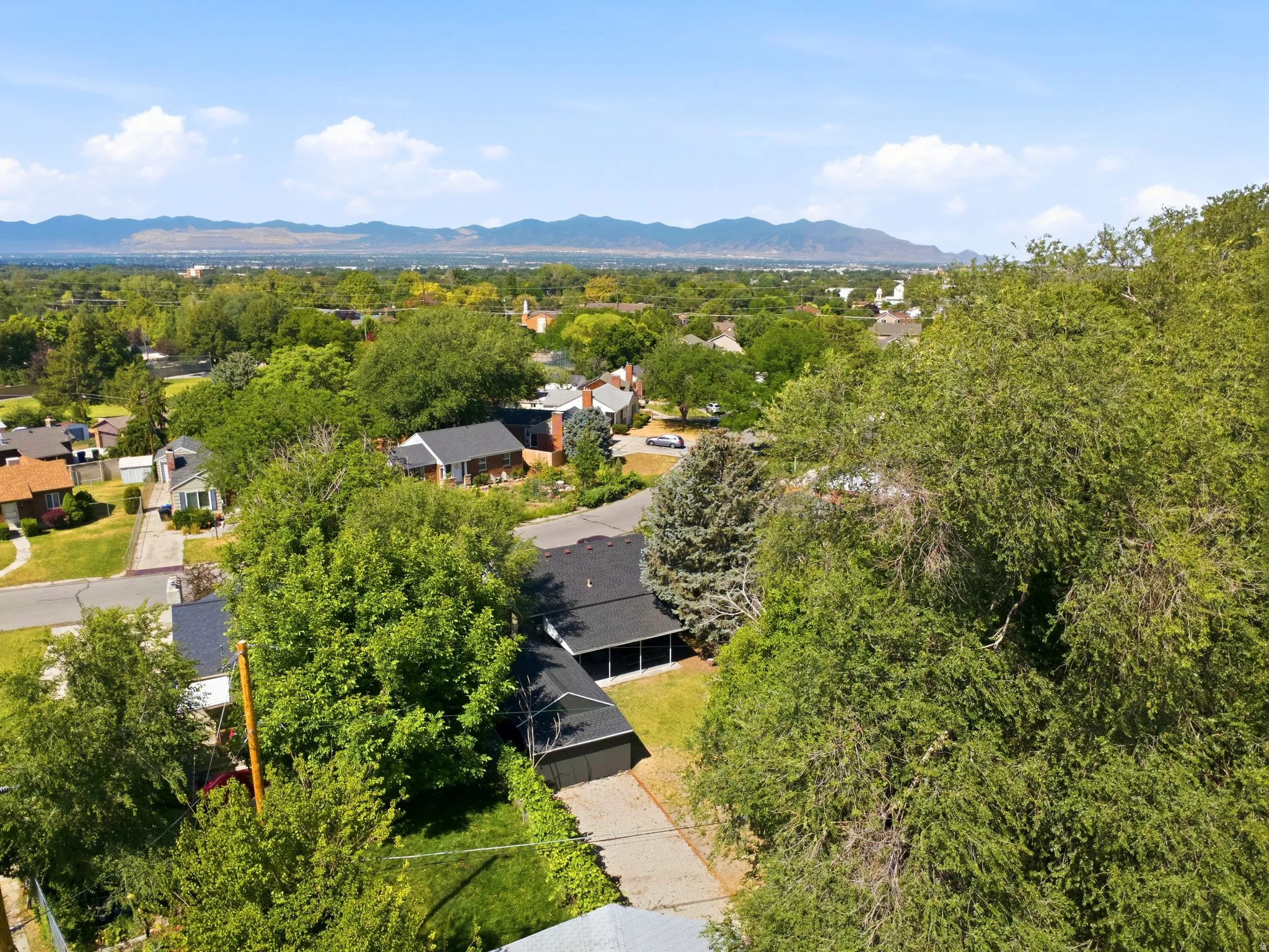 Expansive treelined neighborhood with distant mountain scenery