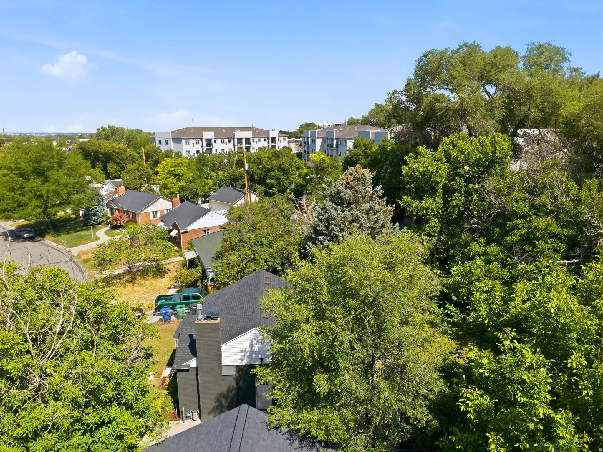Aerial perspective showcasing a residential area with mature trees and varied architectural styles