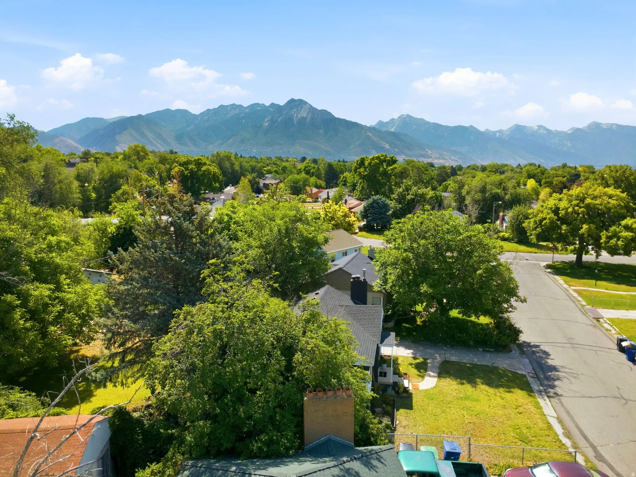Expansive neighborhood setting featuring mature trees, paved streets, and distant mountain ranges