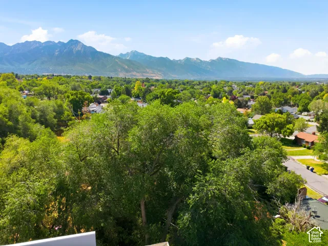 Expansive mountain range backdrop framing a verdant landscape of mature trees and residential rooftops