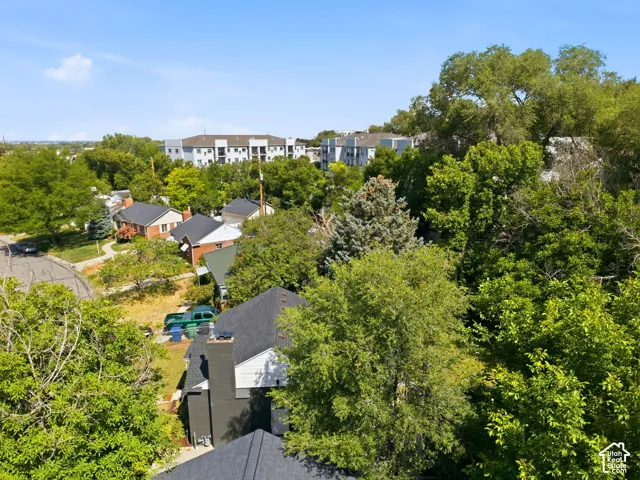 Aerial perspective showcasing a residential area with mature trees and varied architectural styles